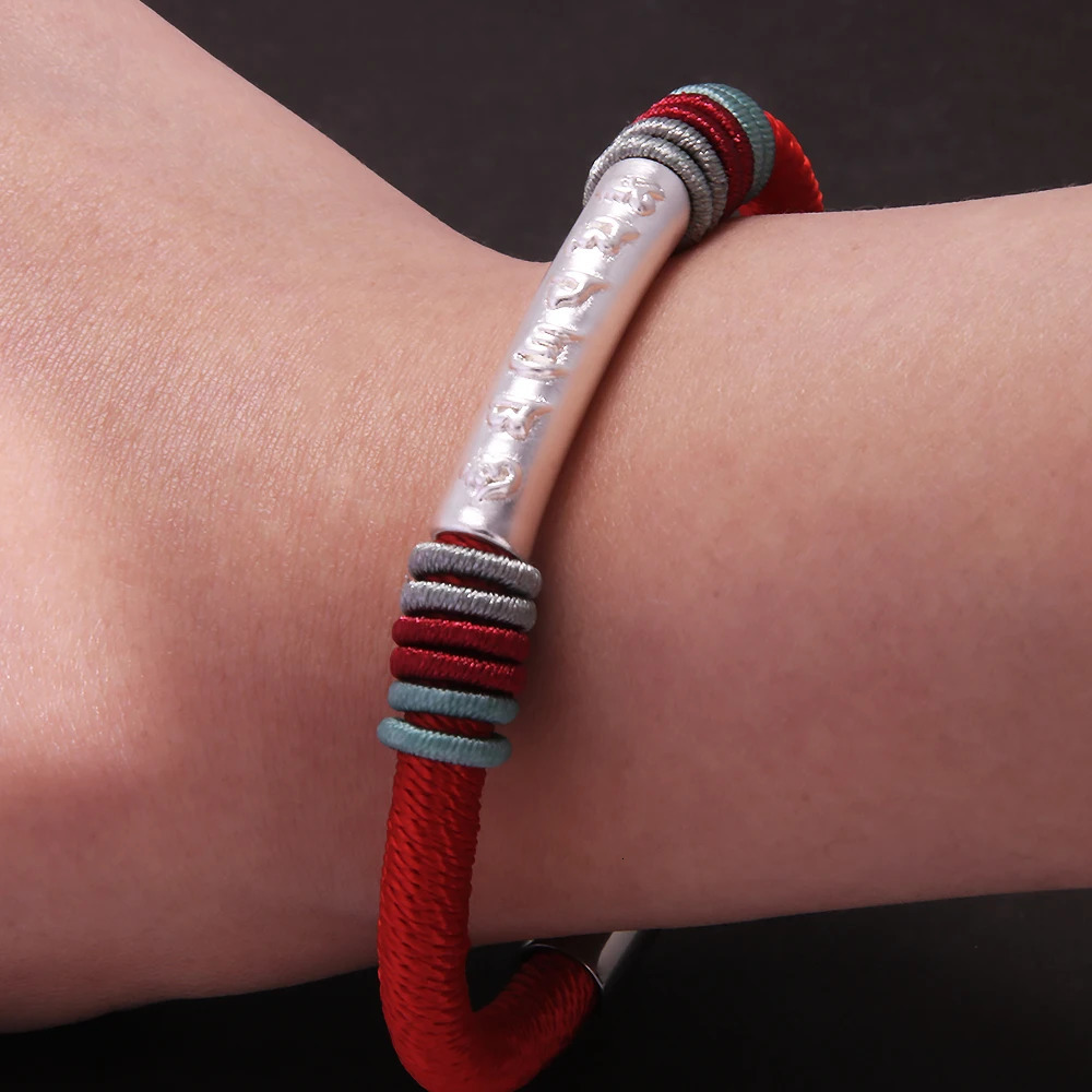 999 Pure Silver Six Words Mantra Tube Charm Rope Bracelet Hand Woven Black Red Braided Bracelet Women Men Retro Jewelry 250712