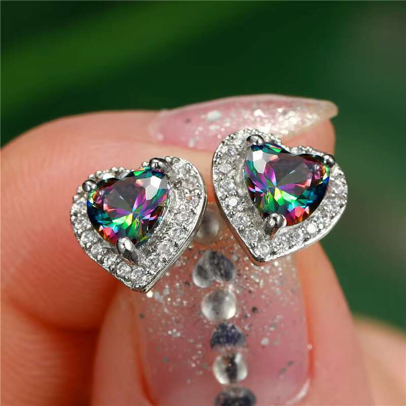7 Colors Crystal Rainbow Gradient Zirconia Vintage Fashion Earrings Wedding Heart Stud Earring for Women