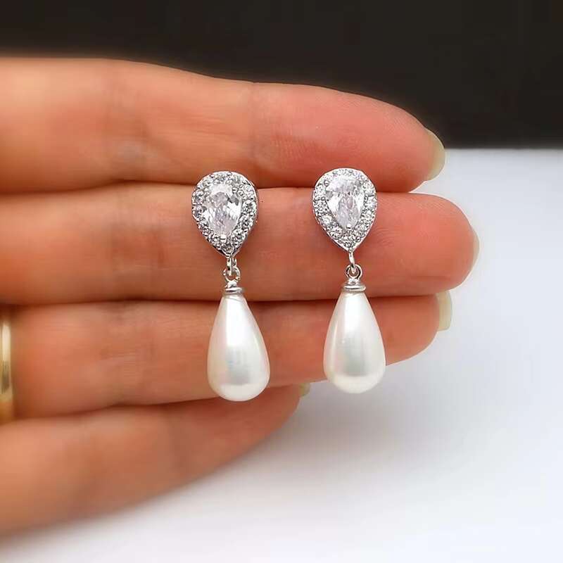 Elegant Wedding Bridal Jewelry Teardrop Imitation Pearl Drop Earrings 925 Silver Plated Cubic Zirconia Stud Earrings