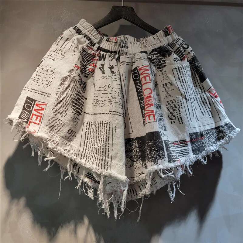 Trendy New Women's Letter Print Plush Edge Denim Vest Elastic High Wasit Wide Leg Shorts Female Summer