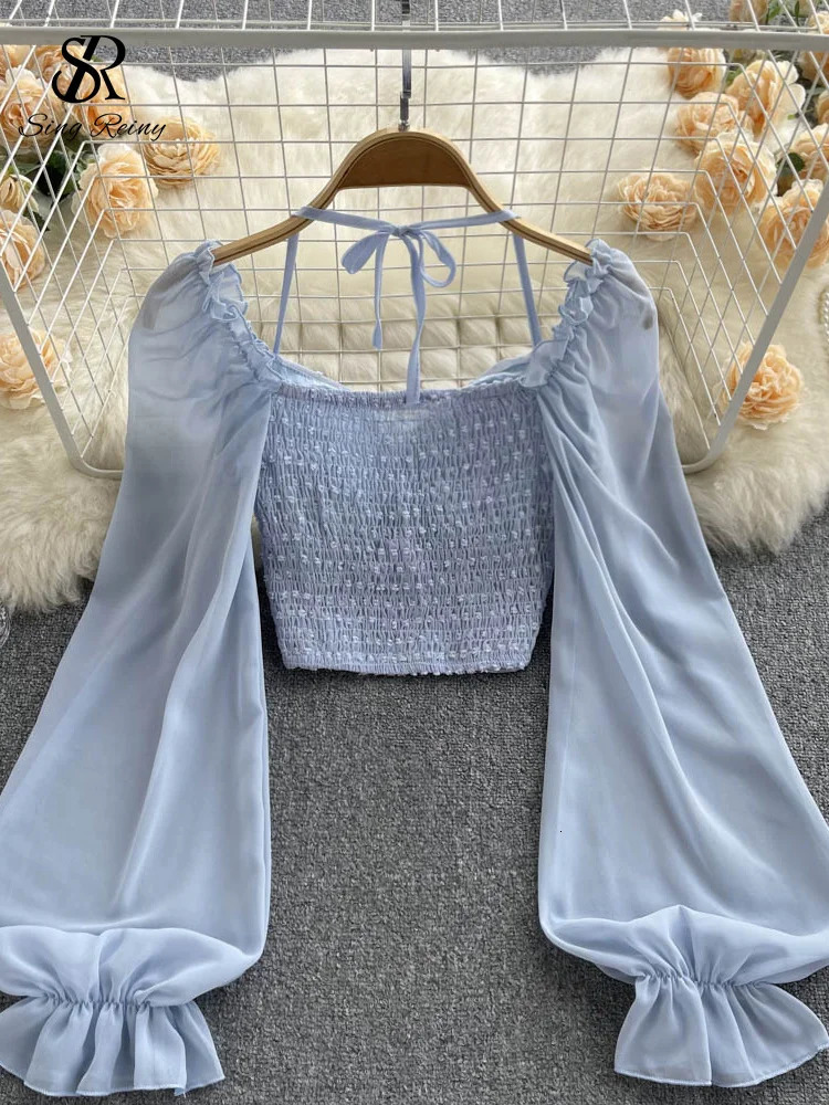 SINGREINY Polka Dot Folds Short Blouse Summer Slash Neck Long Sleeve Women Tie Halter Elastic Waist Fashion French Beach Top 250708