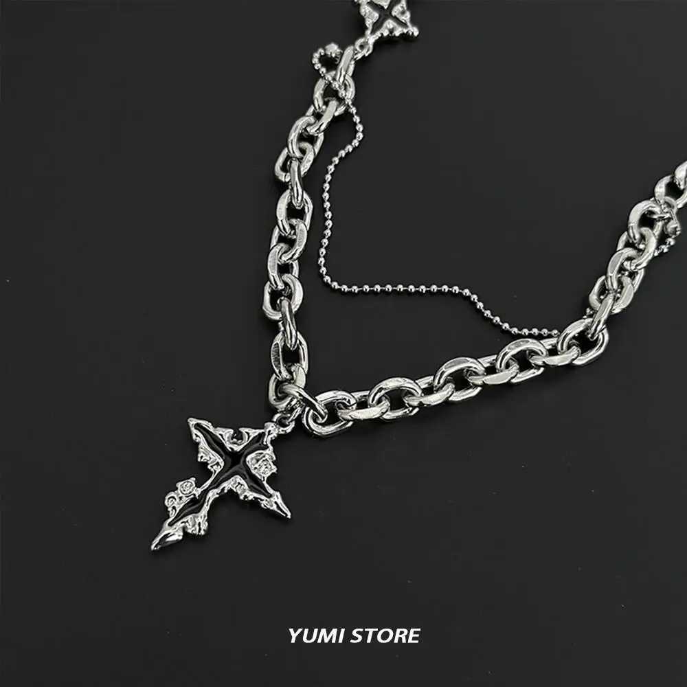 Punk Black Flame Cross Necklace For Men Wen Trend Titanium Steel Chain Sweater Pendant Hip Hop Jewelry Cool Kpop Accessories W250712