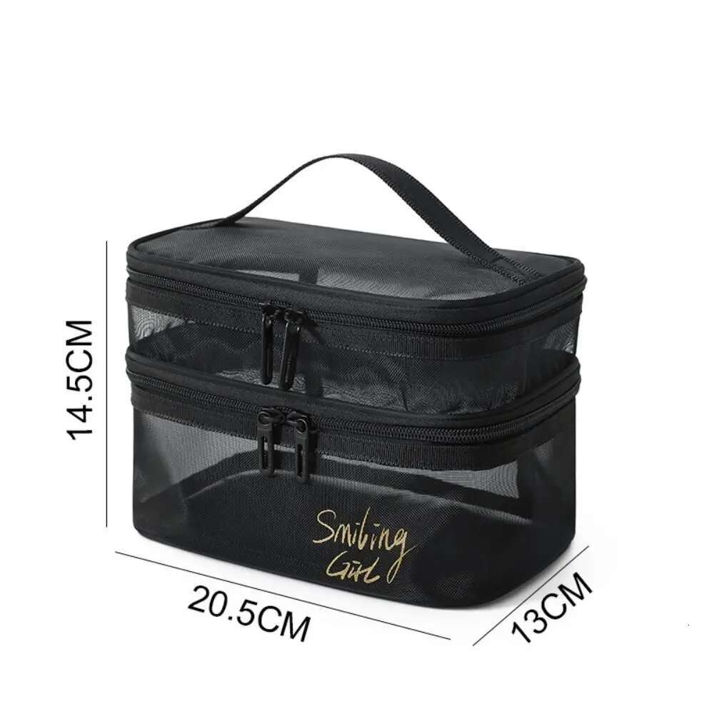 Double-Layers Black Mesh Cosmetic Bag Travel Portable Large-Capacity Makeup Case Organizer Storage Pouch Zipper Toiletry Bags