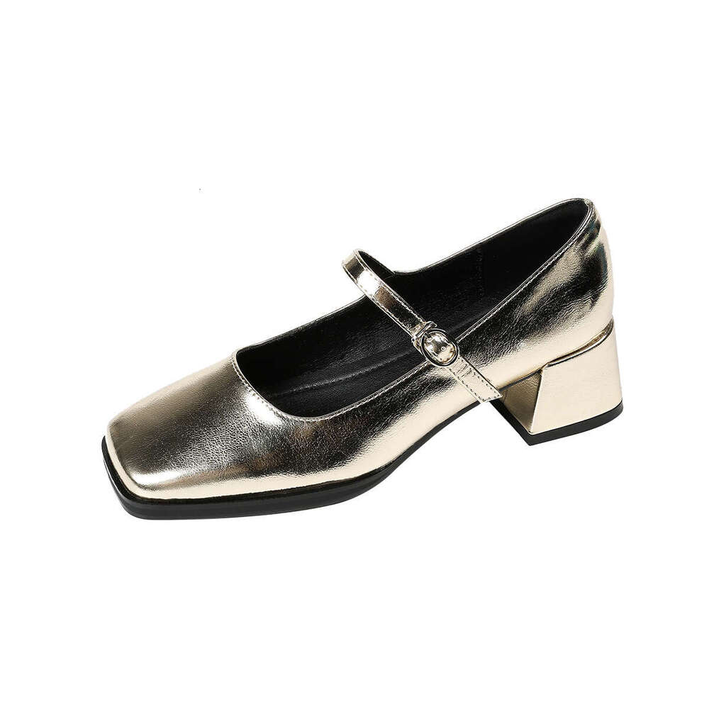 T8-8 Gold One-Word Buckle Mary Jane for Women, New Autumn Style, Chunky Heel Square Toe Shoes, Silver Mid-Heel Women's Shoes