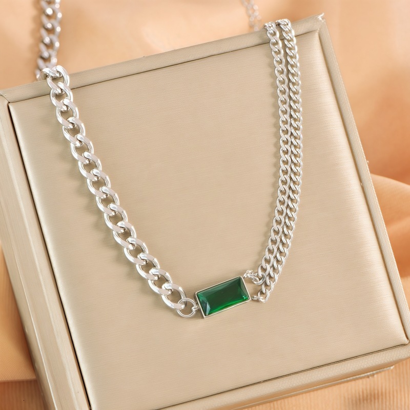 Luxury Jewelry Designer Jewelry Korean Fashion High-end Square Emerald Zircon Double Layer Necklace Simple Chain Double Chain Clavicle Chain