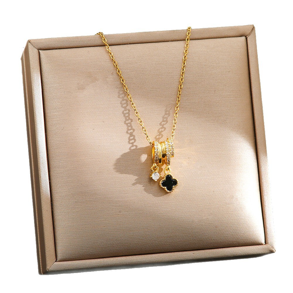 Luxury Jewelry Designer Jewelry Cross-border Hot Sale Black Four-leaf Clover Pendant Necklace High-end Light Luxury Simple Versatile Micro-inlaid Zirc