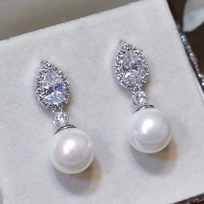 Elegant Bride Pendant Pear Cut Earrings Wedding Engagement Cubic Zirconia Silver Color Pearl Earrings for Women