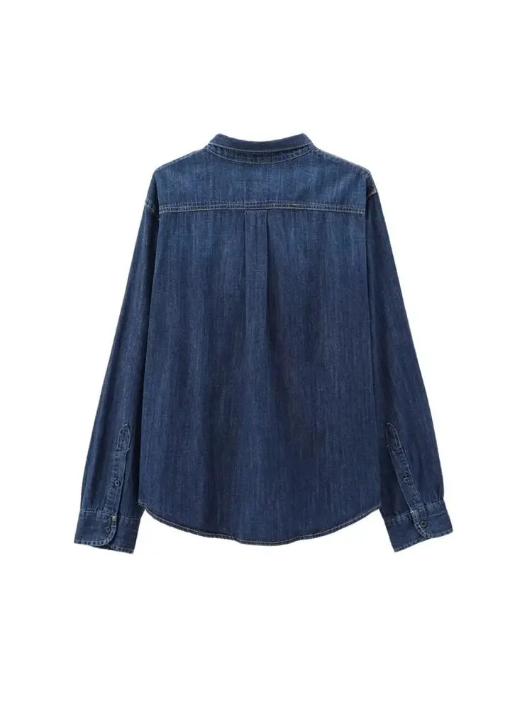 TRZALong Sleeve Denim Shirts for Women Buttonup Patch Pocket Female Blouses Chic Tops Fashion 250704