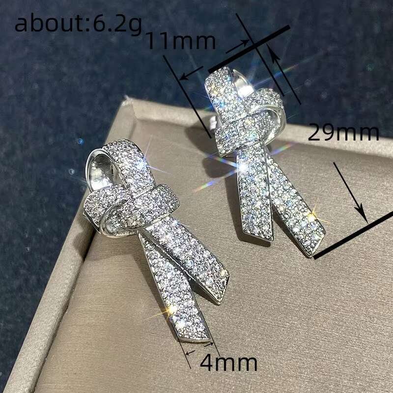 Trendy Bow Design Full Paved Simulate Moissanite Earrings for Wedding Engagement Silver Plated CZ Stud Earrings Women