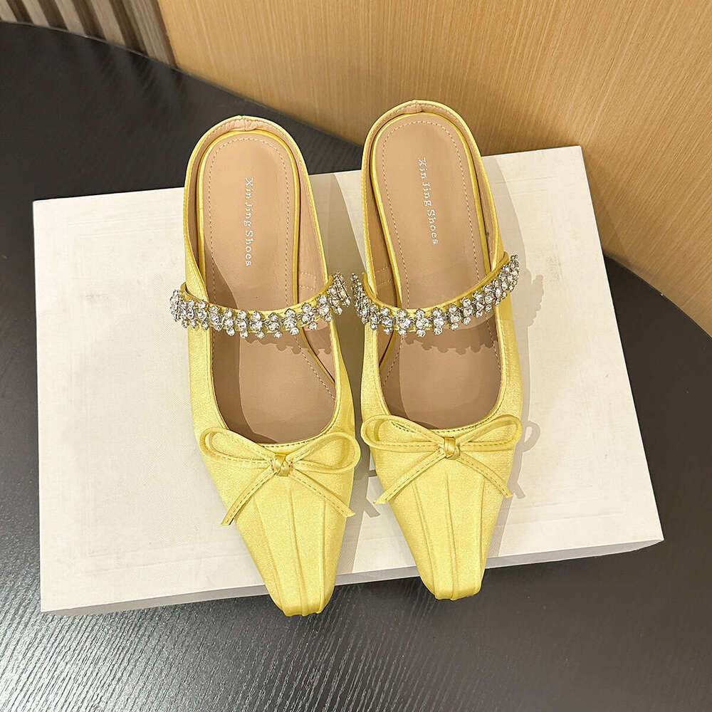317-2 French Style Fabric Rhinestone Square Mid-Heel New Bowknot Pleated Closed Toe Backless Single Shoes for Women