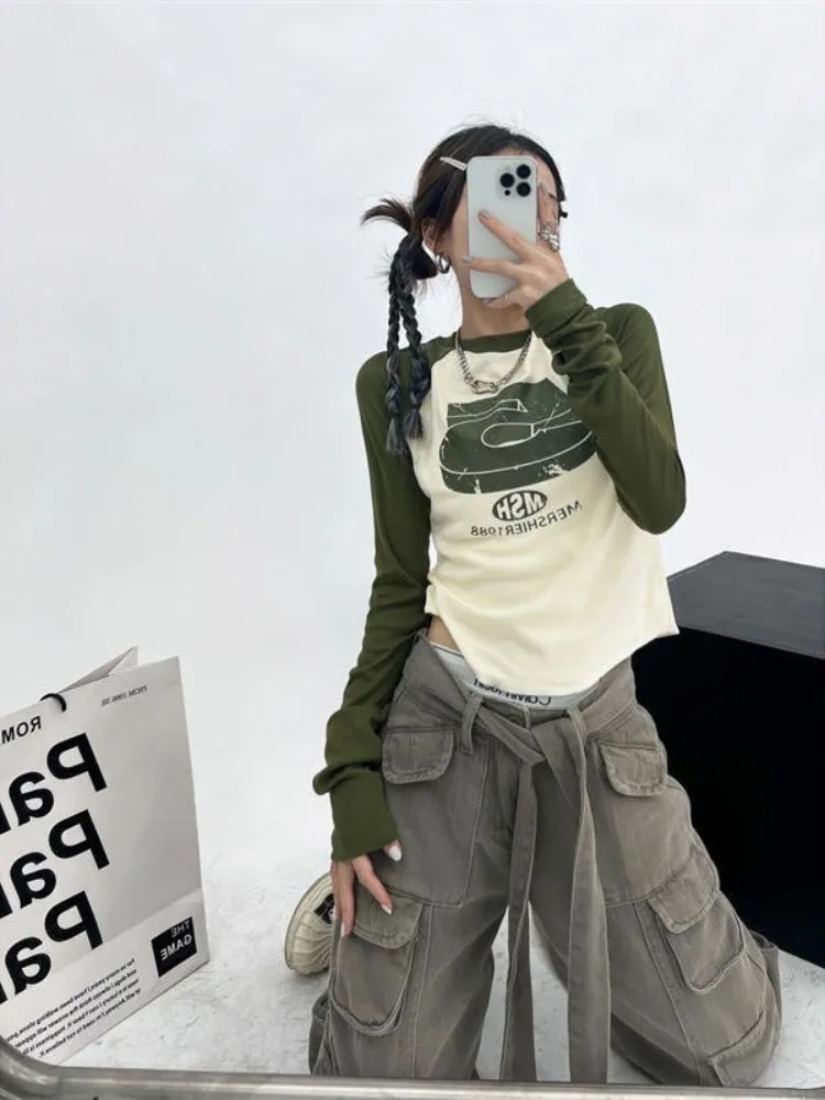 Spring Autumn Vintage Y2K Patchwork Green Tshirts Women Hippie Streetwear Long Sleeve T Shirt Female Kpop Retro Autumn Crop Tops 250707