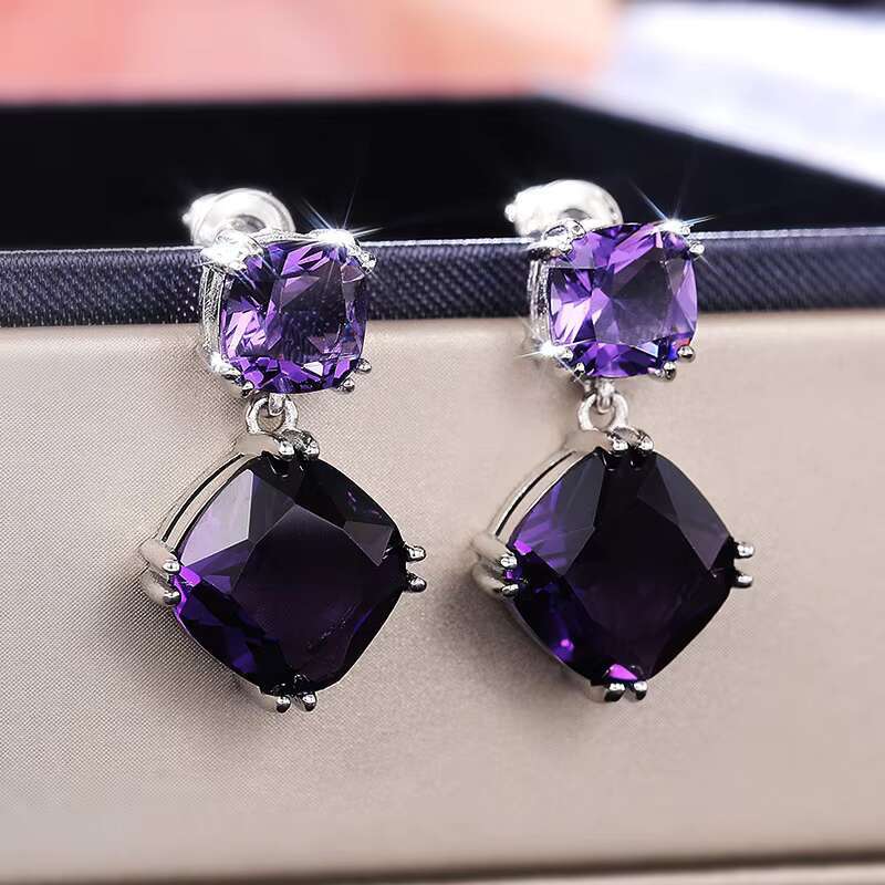 Double Square Purple Gemstones Dangle Earrings Refine New Drop Earrings Romantic Party Earrings