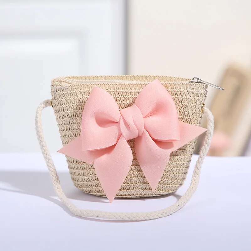 New Pink Bow Girl Zipper Woven Straw Kids Princess Messenger Outdoor Travel Keys Candy Crossbody Bags