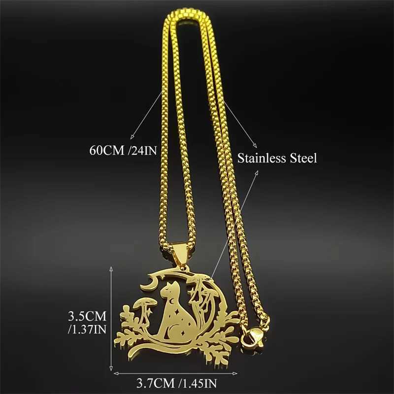Night Witchcraft Black Cat Pendant Necklace For Women Men Stainless Steel Half-Moon Mushro Plant Chain Jewelry Gifts W250712