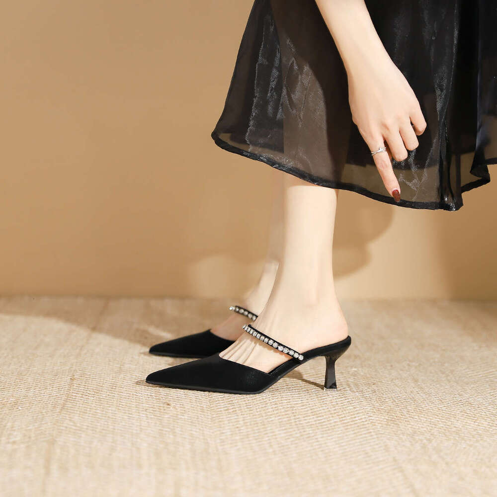 699-102 One-Strap Rhinestone Shallow Pointed High Heel Pumps Black Sexy Closed-Toe Backless Half-Slip Women's Shoes