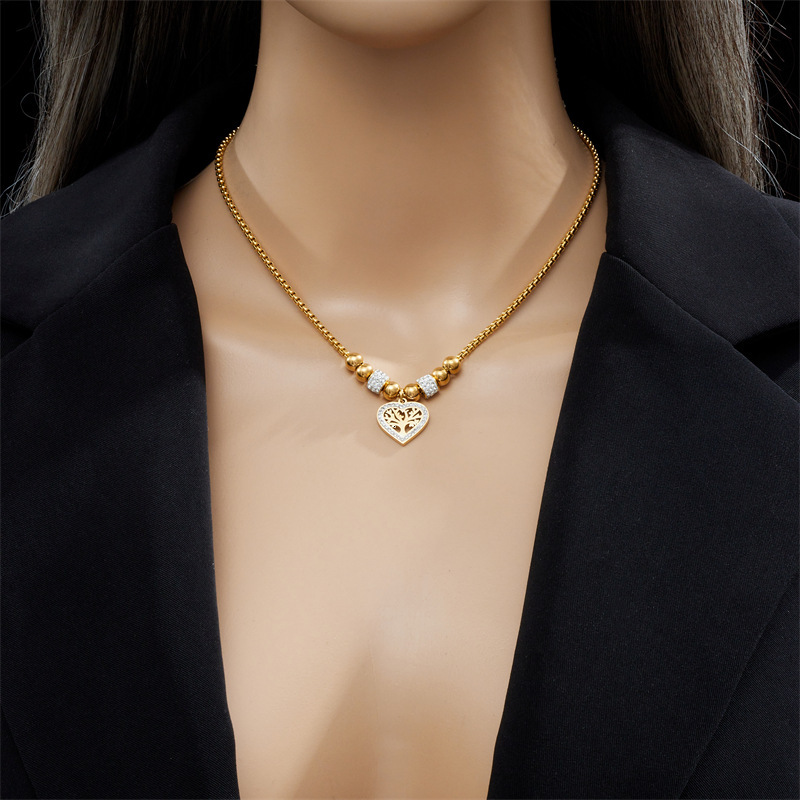 Luxury Jewelry Designer Jewelry European And American Fashion Heart Pendant Tree Of Life Titanium Steel Necklace Mud Diamond Niche Design Beaded Neckl
