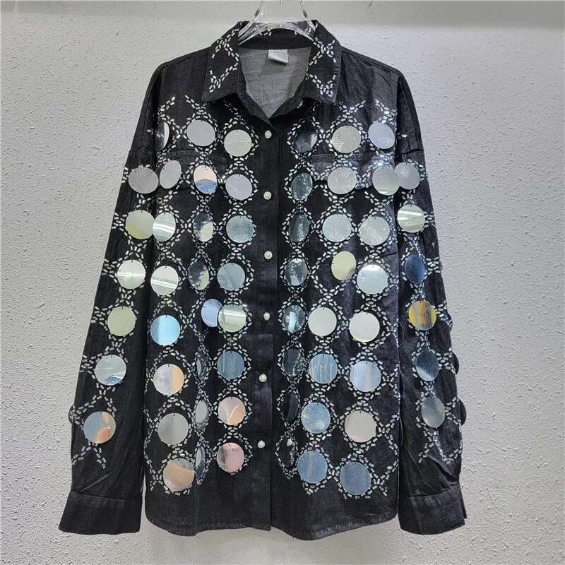 Hot Drilling Plaids Dias Beaded Shirt Coat Big Sequined Jacket Tops+High Waist Straight Wide Legs Denim Pants 2Pcs Set