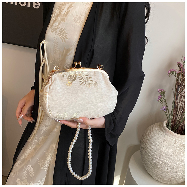 Retro Fashion Chinese Style Print Small Purses Clutch Vintage Black White Seashell Shoulder Bag For Women Party Pearl Handbag