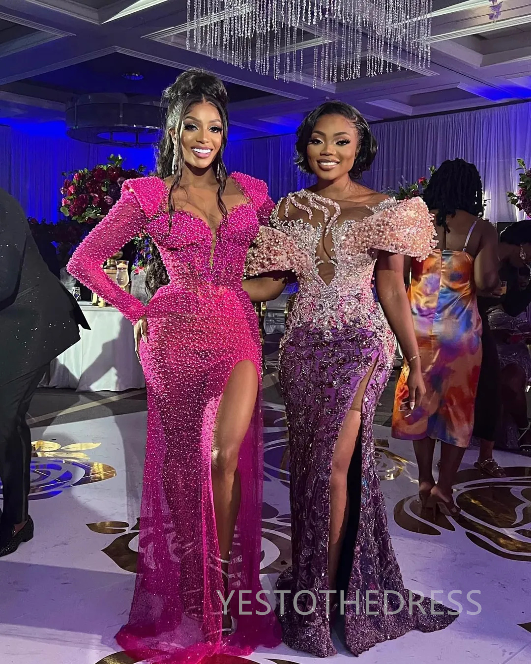 2025 Fuchsia Aso Ebi Prom Dress African Mermaid Prom Dresses Evening Formal Gowns Jewel Side Split Pearls Sequined Lace Birthday Dress Second Receptio