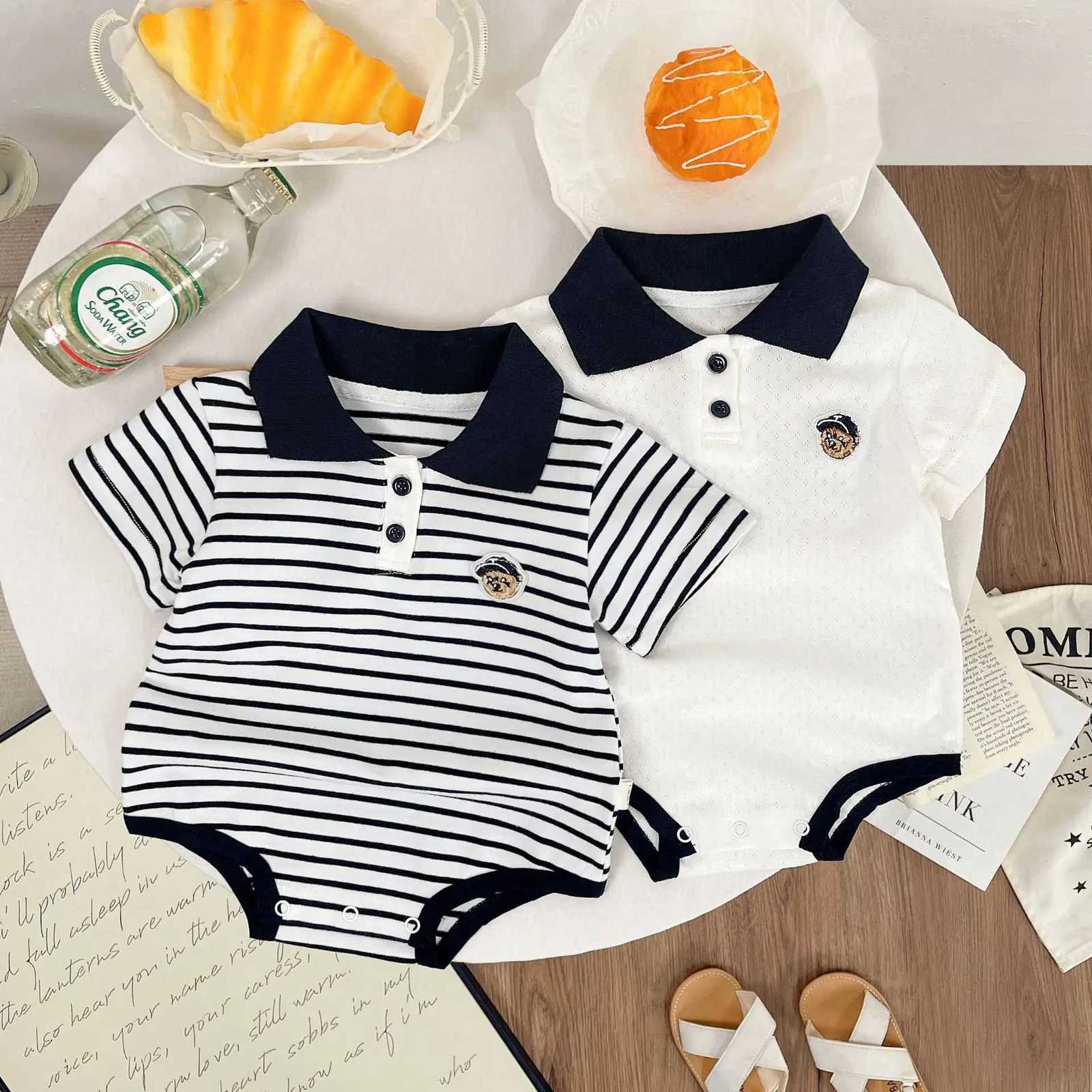 Summer Baby White Striped Bodysuits for Newborn Boys Girls Romper Onesie Cotton Short Sleeve Turn Down Collar Infant Jumpsuit Z250712