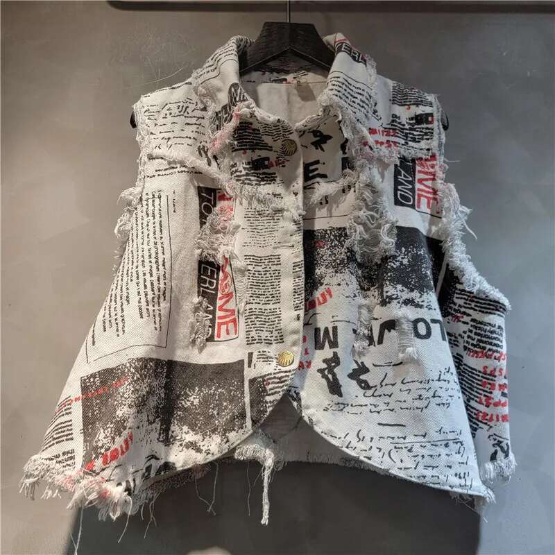 Trendy New Women's Letter Print Plush Edge Denim Vest Elastic High Wasit Wide Leg Shorts Female Summer