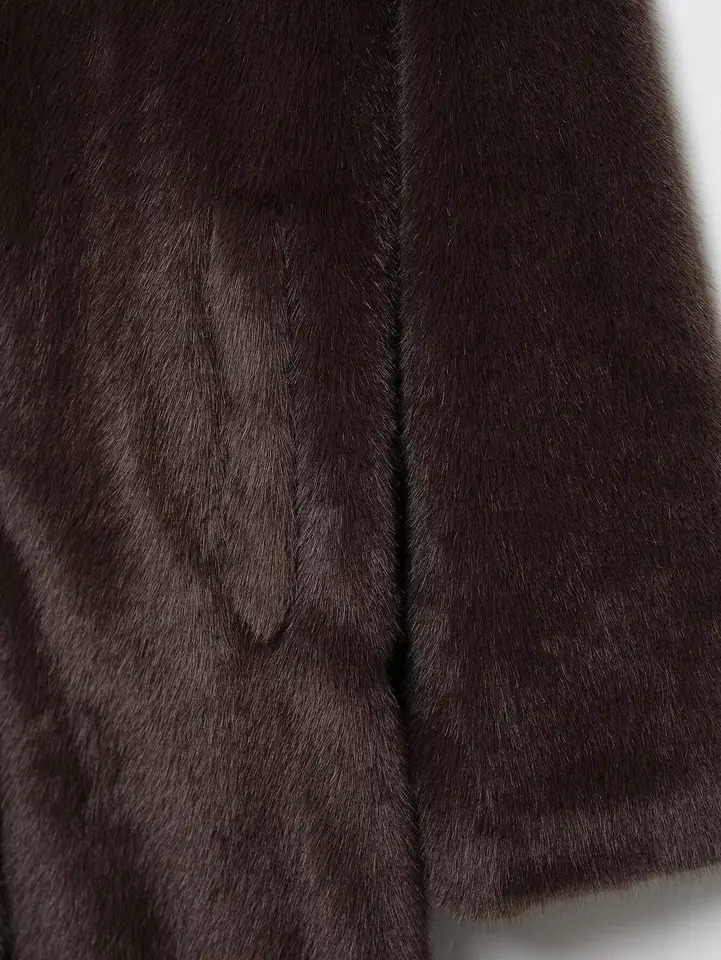 Womens Fall Winter Faux Fur Long Coat TRAFZA Vintage Lapel Buttons Loose Coat Fashion Casual High Street Warm Coat 250708