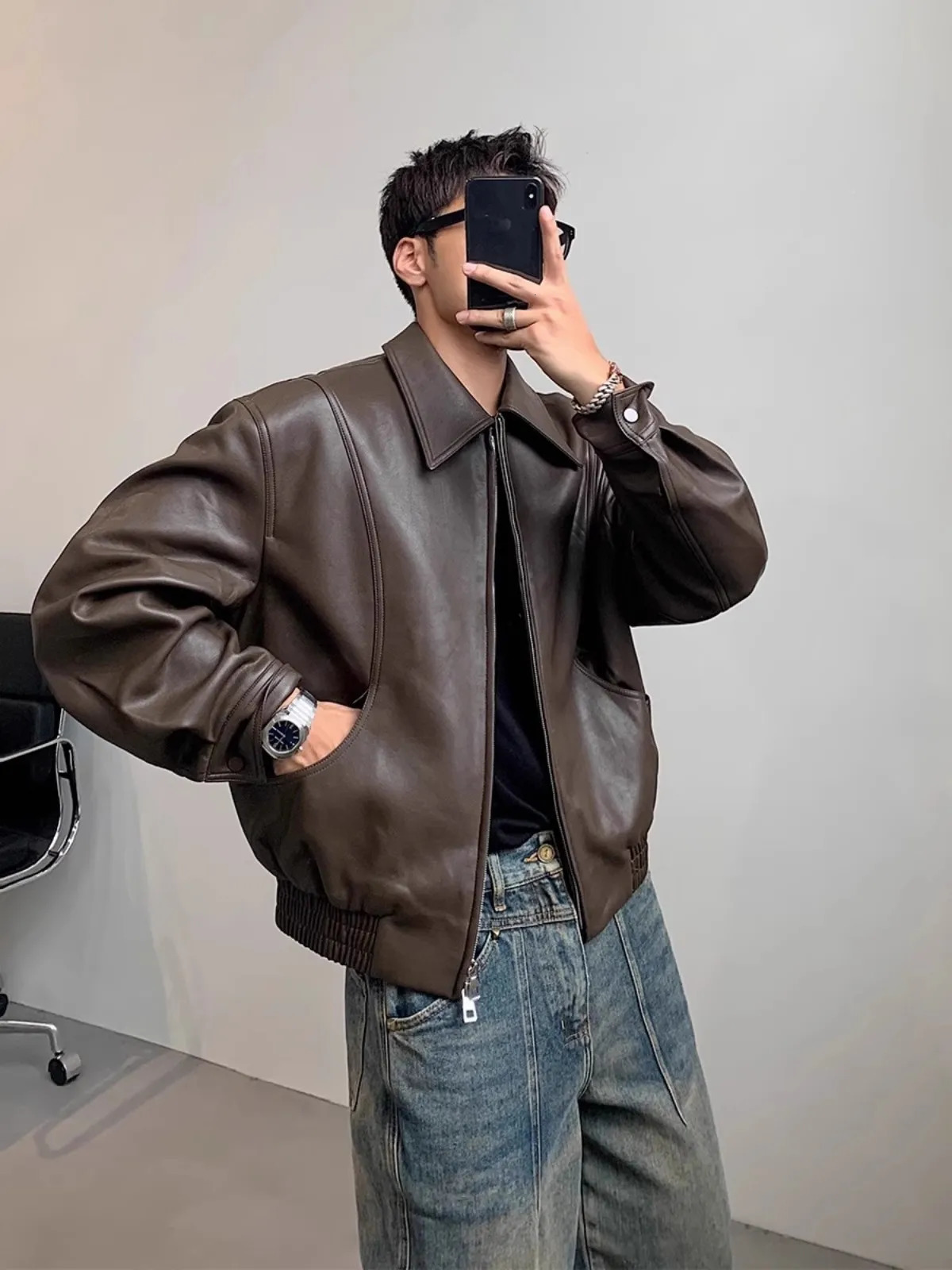 Mauroicardi Spring Autumn Cool Short Soft Pu Leather Jacket Men with Turn-down Collar Zipper er Korean Clothes 250708