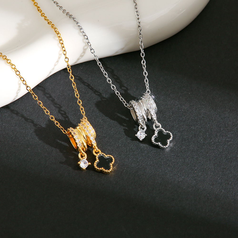Luxury Jewelry Designer Jewelry Cross-border Hot Sale Black Four-leaf Clover Pendant Necklace High-end Light Luxury Simple Versatile Micro-inlaid Zirc