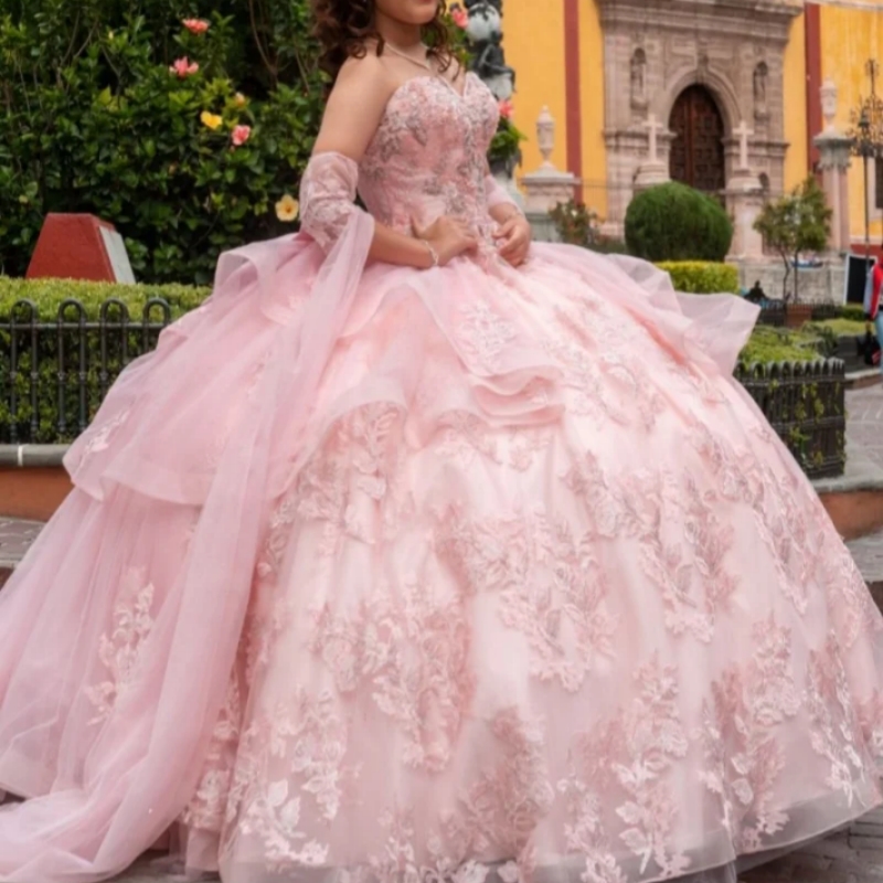 Pink Quinceanera Dresses Off the Shoulder Lace Applique Beading Layering Long tail 3D Flower Bow Vestido 15 De Anos Sweet 16 Dress