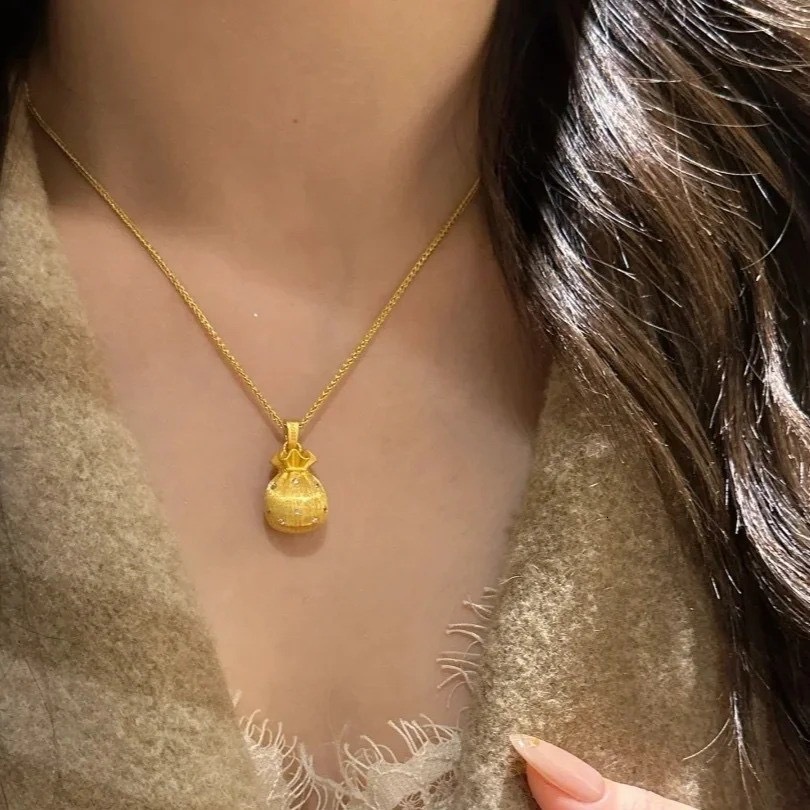 Luxury Jewelry Designer Jewelry Ancient Gold-plated Diamond-inlaid Brushed Small Lucky Bag Pendant Necklace For Women New Chinese Style Light Luxury F