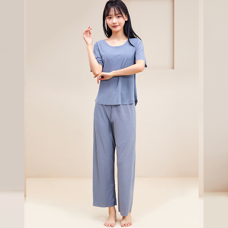 X197-Spring and summer ice silk couple pajamas set seamless loose large size home clothes women's pajamas