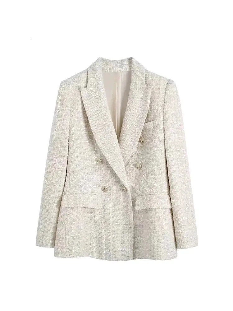 TRZA Women Fashion Tweed Double Breasted Blazer Coat Vintage Long Sleeve Flap Pockets Female Outerwear Chic Veste Femme 250708