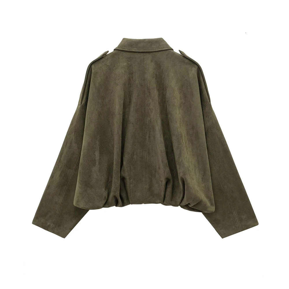2025 Spring Product Womens Fashion Casual Suede Texture Effect Pilot Jacket Coat Flip Collar Shoulder Badge Short To 250709