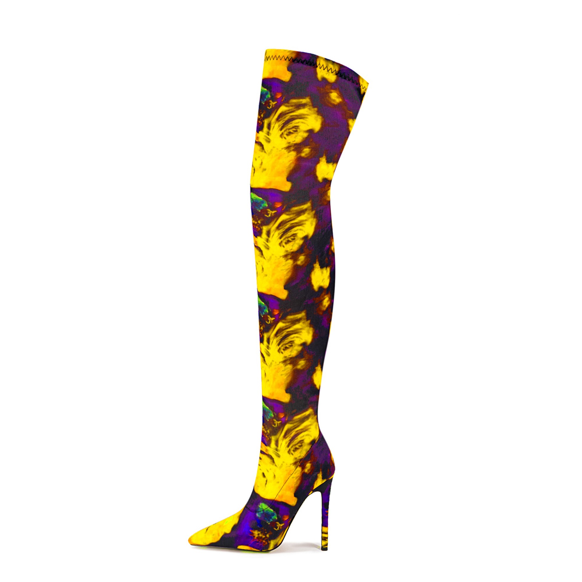 Women's Satin Floral Over-The-Knee Boots - Pointed Toe Stiletto Heel Stretch Thigh High Fashion Boots