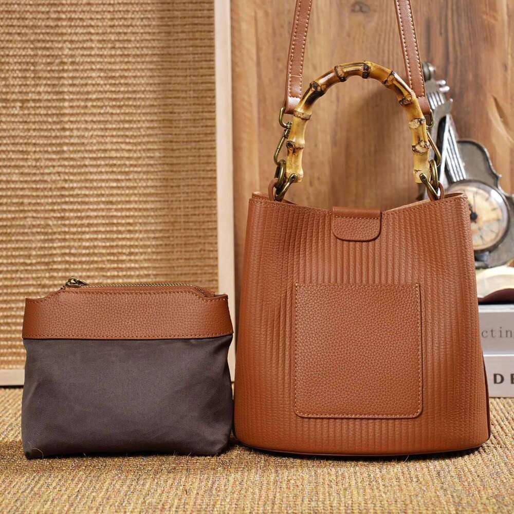 2025 New Genuine Leather Women Handbags Bamboo Handle Single-shoulder Messenger Bucket Bag Small Portable Tote Bags