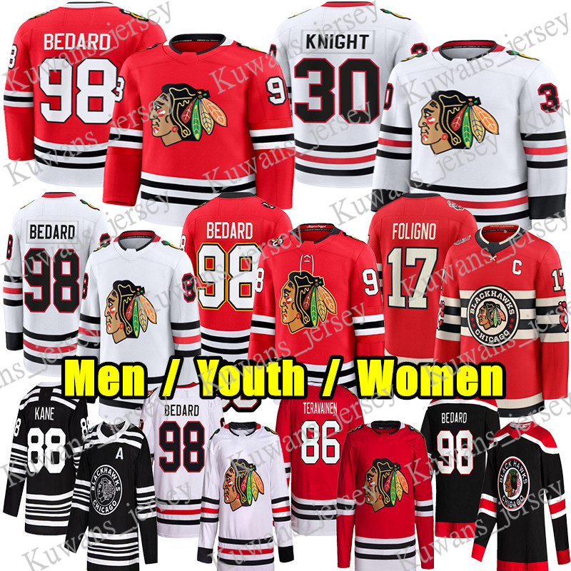 #98 ConnorS Bedard chicago hockey jersey blackhawksS jersey #55 Artyom Levshunov Frank Nazar Spencer Knight Teuvo Teravainen Alex Vlasic Jason Dickinson jerseys
