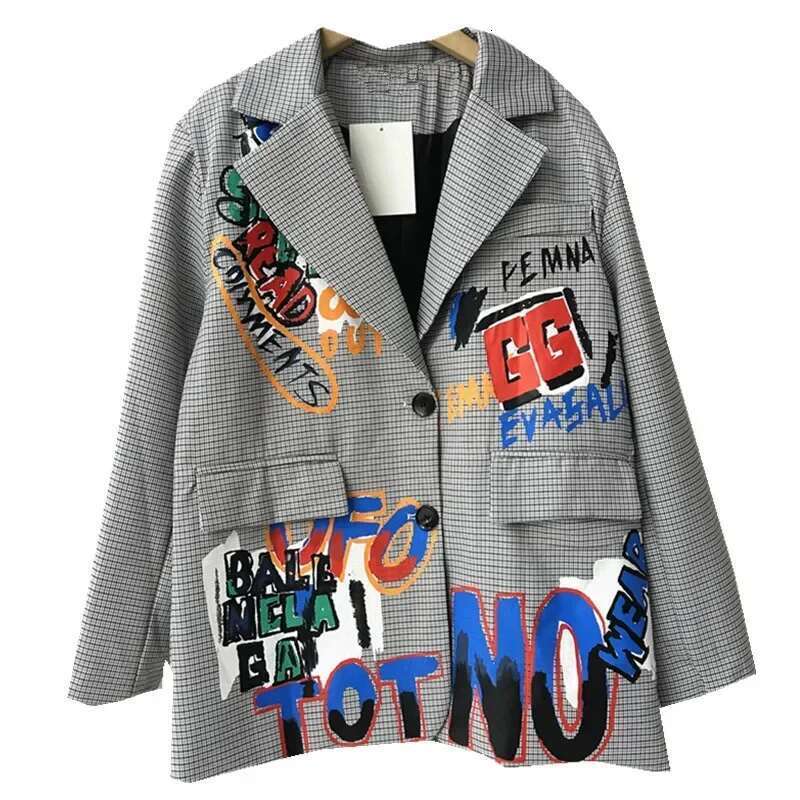 Spring and Autumn New Women's Blazer Design Sense Unique Graffiti British Style Suit Plaid Casual Long Sleeve Loose Jacket