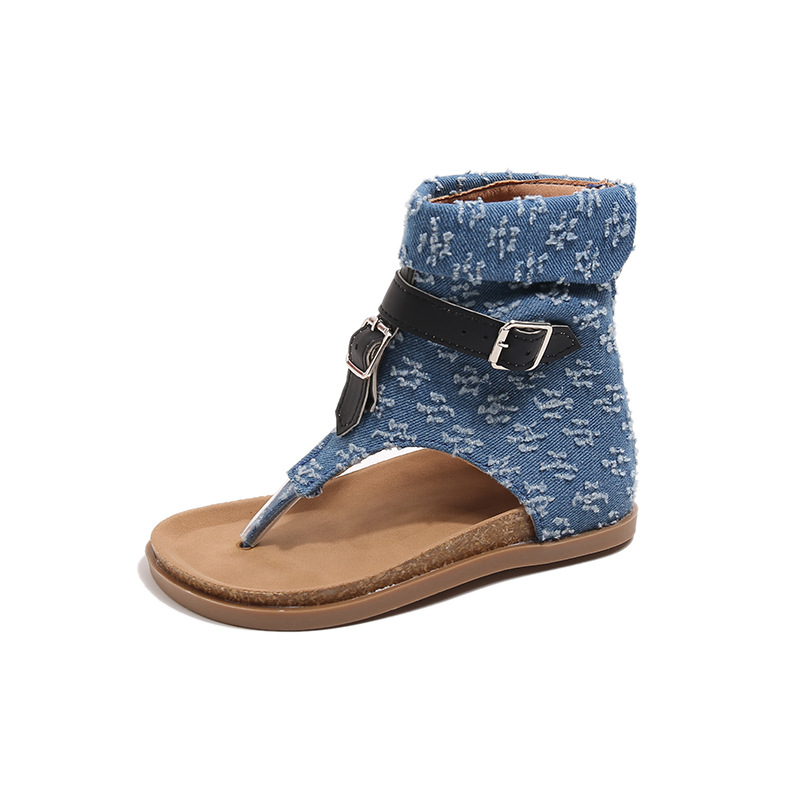 Denim Fashion Sandals new Summer Style Versatile and Stylish Toe - clip Low - heeled Roman Beach Shoes