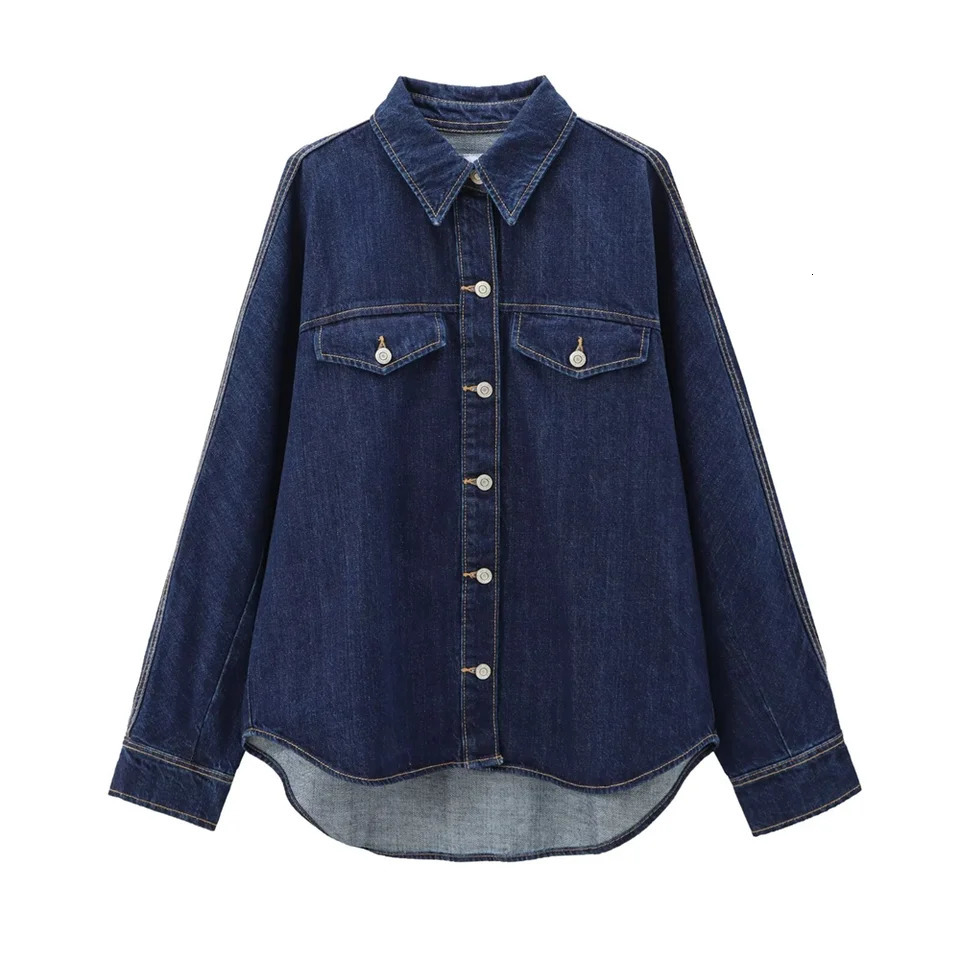 TRAF2024 Autumn Product Womens Fashion Versatile Casual Collar Denim Long Sleeve Shirt Loose 250704
