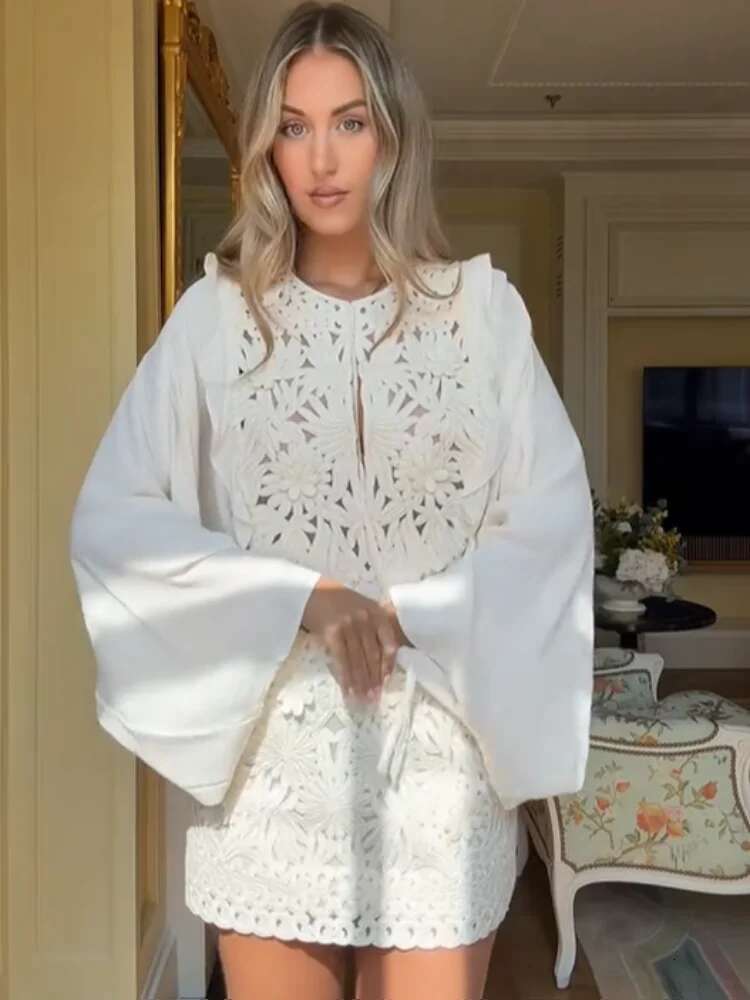 Y2k White Floral Embroidery Skirts For Women Patchwork Long Flare Sleeves Blouse Mini Skirt 2 Pieces Sets Lady Beach Outfit