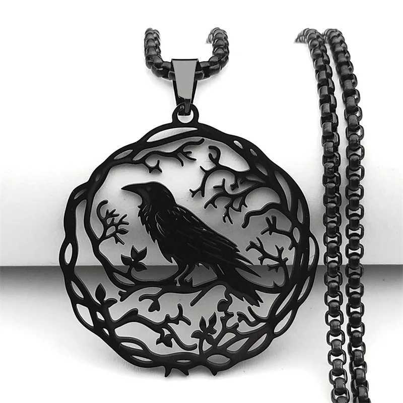 Hollow Crow Raven Birds Pendant Necklace Stainless Steel Black Color Love Flower of Life Knight Chain Jewelry Gifts W250712