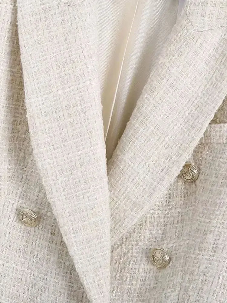 TRZA Women Fashion Tweed Double Breasted Blazer Coat Vintage Long Sleeve Flap Pockets Female Outerwear Chic Veste Femme 250708