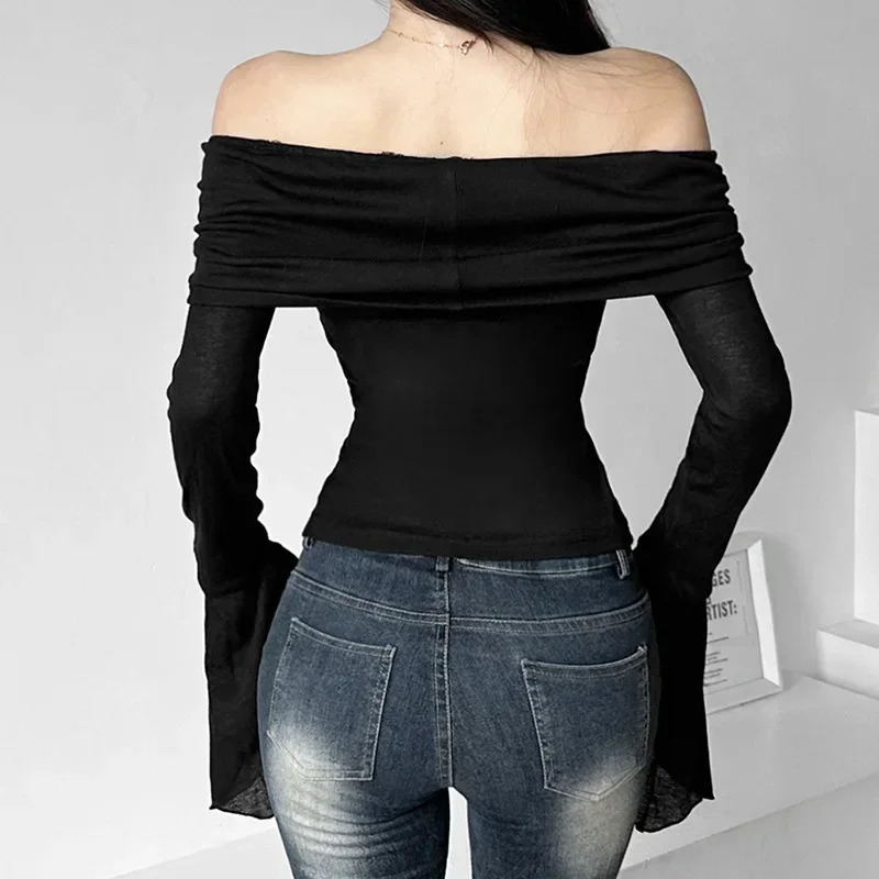 Y2k Aesthetic Simple Fashion Womens Tee Shirts Slash Neck Long Sleeve Solid Casual T-Shirts Vintage Off Shoulder Trendy Tshirts 250707