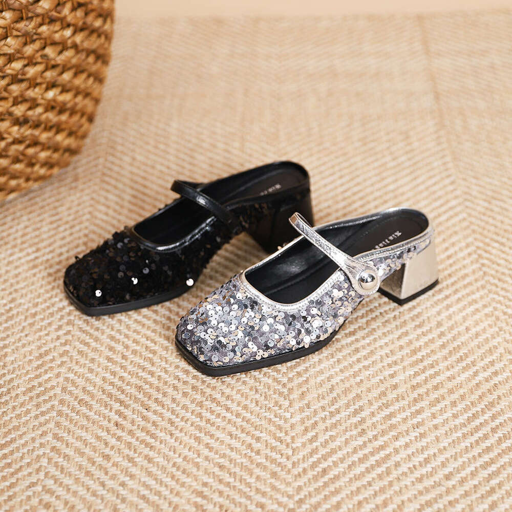 T8-17 French Style Silver One-Strap Mid-Heel Mary Jane New Shallow Mouth Square Toe Chunky Heel Women's Shoes