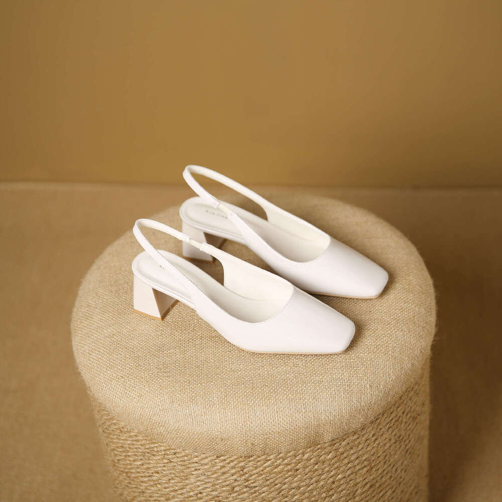 3337-32 One-Strap Square Toe Open Back Shallow Mouth High Heels Summer New Plaid Chunky Heel Sandals Fashion Women's Shoes