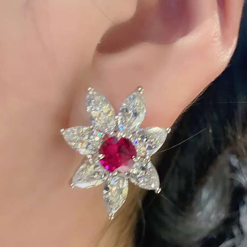 Exquisite Flowers Design Ruby Red Crystal Silver Plated Earring for Wedding Engagement Cubic Zircon Hoop Earrings Women