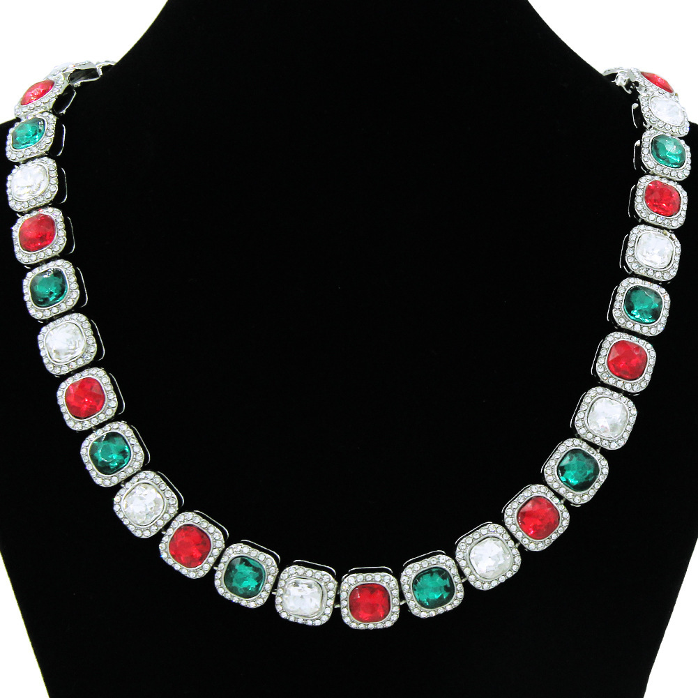 Luxury Jewelry Designer Jewelry European And American Hip-hop Full Diamond Colorful Rhinestone Sugar Cube Chain Necklace Trendy Men's Cool And Do
