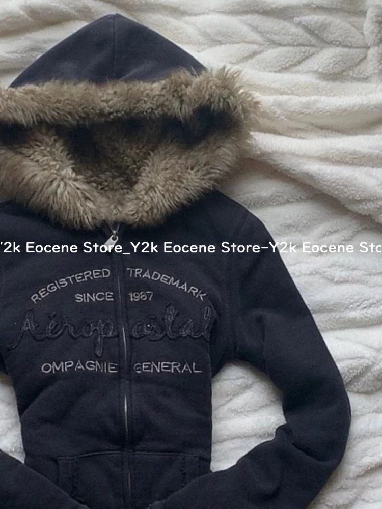 Vintage Letter Fur Collar Hooded Sweatshirt Autumn Winter Zipper Y2K Retro Fleece Jacket Harajuku Embroidery Plush Dark Fashion 250712