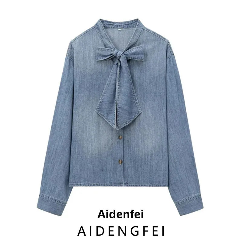 Loose Casual Long Sleeve Button up Butterfly Knot Decorated Denim Shirt Autumn Arrival Womens Fashion Vneck Drapey Garment 250704