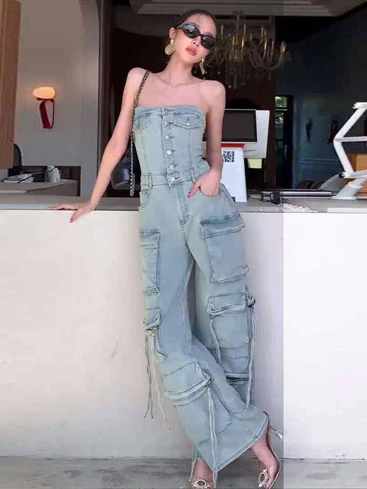 Strapless Backless Women Jumpsuit Denim Off Shoulder Lady Jumpsuits 2025 Sexy Fashion Pockets Buttons Wide Leg Female Romper